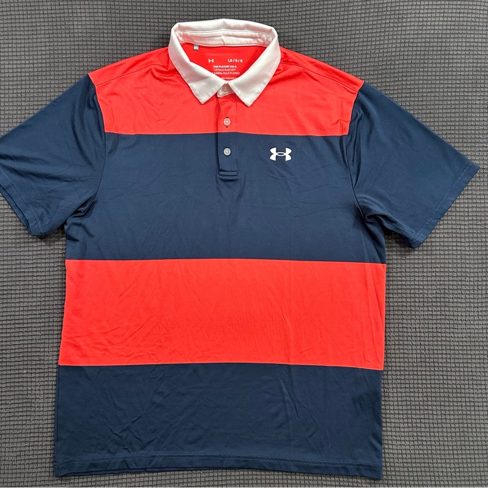 Under Armour Playoff Polo Golf Shirt Mens Large Blue Red Colorblock Performance